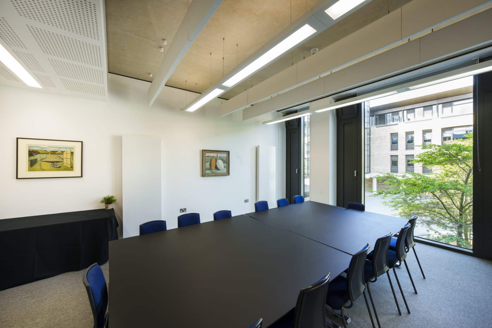 A modern conference room with a large black table surrounded by blue chairs, two paintings on white walls, large windows letting in natural light, and a view of trees and an office building outside.