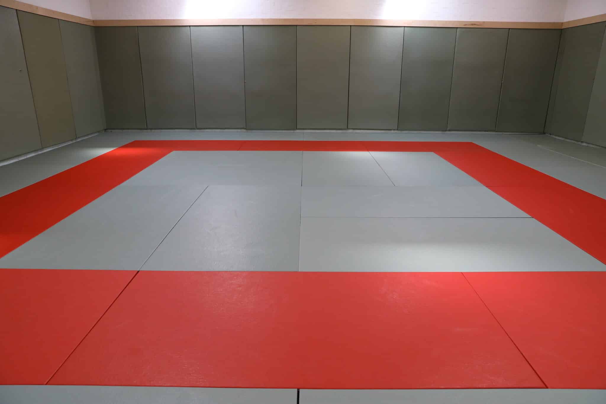 A room with green padded walls and a large square mat on the floor, featuring a red border and light gray center, commonly used for martial arts or wrestling practice.