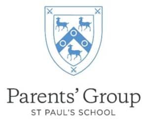 St. Paul’s School Parents’ Group logo features a blue and white crest with three deer and three rings, above the school and group name in black text.