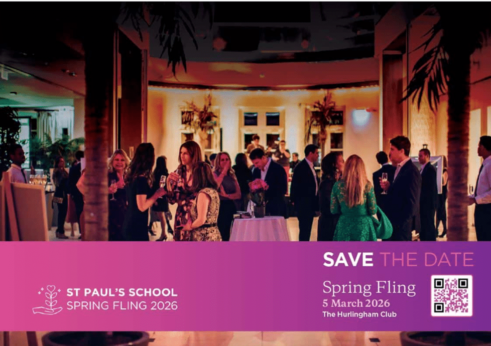 A group of people dressed in formal attire mingle at an indoor event with warm lighting. Text overlay reads St Paul’s School Spring Fling 2026. Save the Date. Spring Fling, 5 March 2026, The Hurlingham Club.
